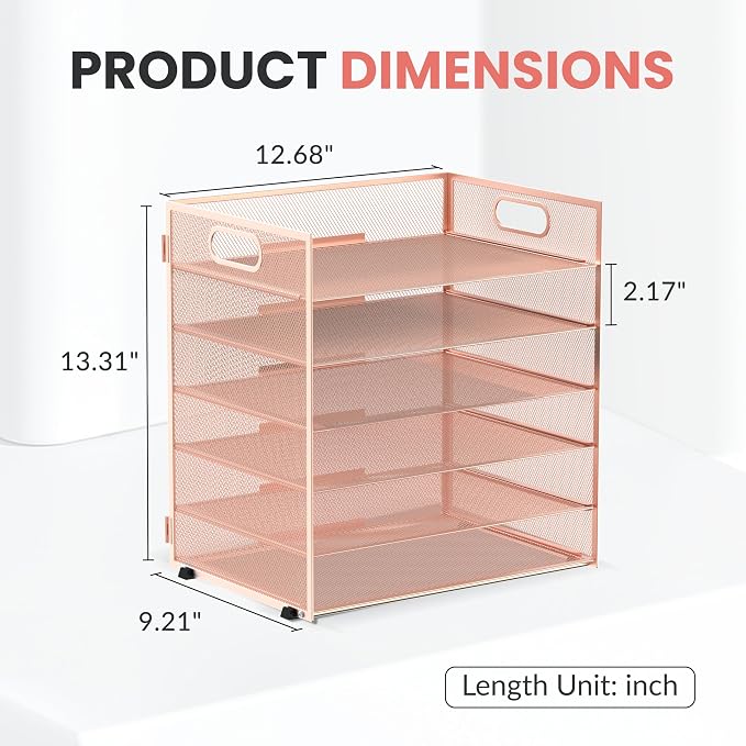 Daltack 6-Tier Paper Organizer for Desk with Handle, Rose Gold | Sturdy Metal Mesh Organizer with Movable Middle Trays and a Carry Handle for Papers, Folders and Office Supplies