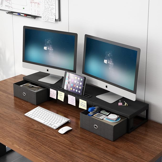 39 Inch Dual Monitor Stand Riser with 2 Drawers - Large Black Wooden Computer Stand for 2 Monitors, Ergonomic Desk Organizer with Phone Holder, Desktop Storage for Laptop, Office Supplies, Home Office