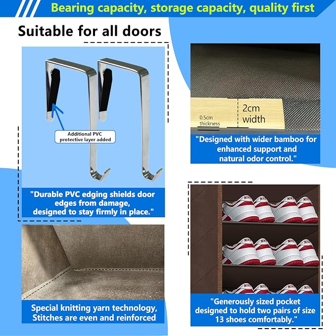 Over the Door Shoe Organizer, 20 to 30 Pairs Hanging Shoe Holder, Heavy Duty Extra Deep Pockets Shoe Storage for Closet, Anti-Scratch Hooks & FSC-Certified Bamboo - Coffee