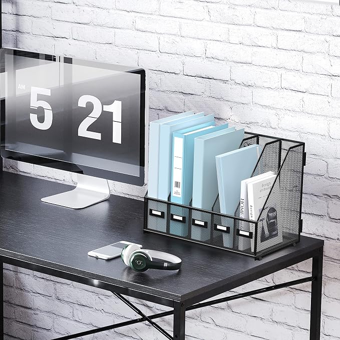 SUPEASY Desk Organizers Metal Desk Magazine File Holder with 5 Vertical Compartments Rack File Organizer for Office Desktop, Classroom, Home Workspace, Black