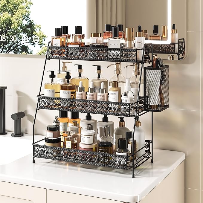Vintage 3 Tier Spice Rack Organizer for Kitchen Counter, Bathroom Counter Organizer with Bonus Basket, 3 Tier Bathroom Counter Organizer for Spices Makeup Perfumes, Retro Countertop Organizer
