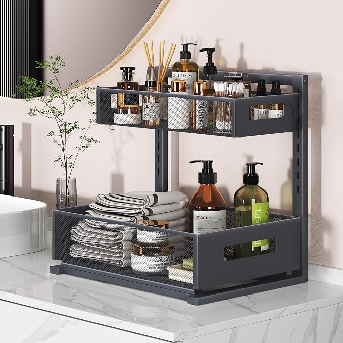 Petiza Under Sink Organizer Pull Out Cabinet Organizer Adjustable Height 2 Tier with Sliding Drawers Kitchen Bathroom Organizer and Storage(Gray-1pc)
