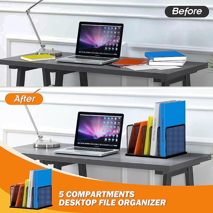 Kuntine.B Desk File Organizer Upright Mesh Desktop Organizer File Sorter Office Organization File Holder for Home, Office & Classroom (Black, 1 Pack 5-Section)