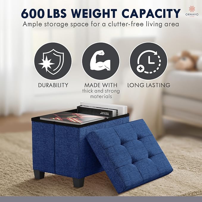 Ornavo Home Small Rectangle Storage Ottoman with Legs, 12x16x12, Navy Blue | Foot Rest Stool Seat; Holds Up to 600 lbs; Ideal for Living Room, Bedroom, Home Office or Dorm