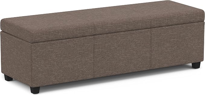 SIMPLIHOME Avalon 54" Wide Vegan Leather Storage Ottoman in Brown | Contemporary lift-top ottoman with high-density foam; rectangle storage bench or coffee table for living room or entryway.