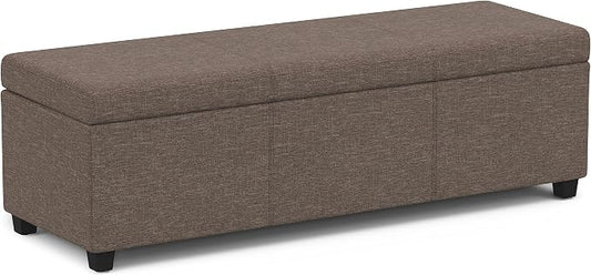SIMPLIHOME Avalon 54" Wide Vegan Leather Storage Ottoman in Brown | Contemporary lift-top ottoman with high-density foam; rectangle storage bench or coffee table for living room or entryway.