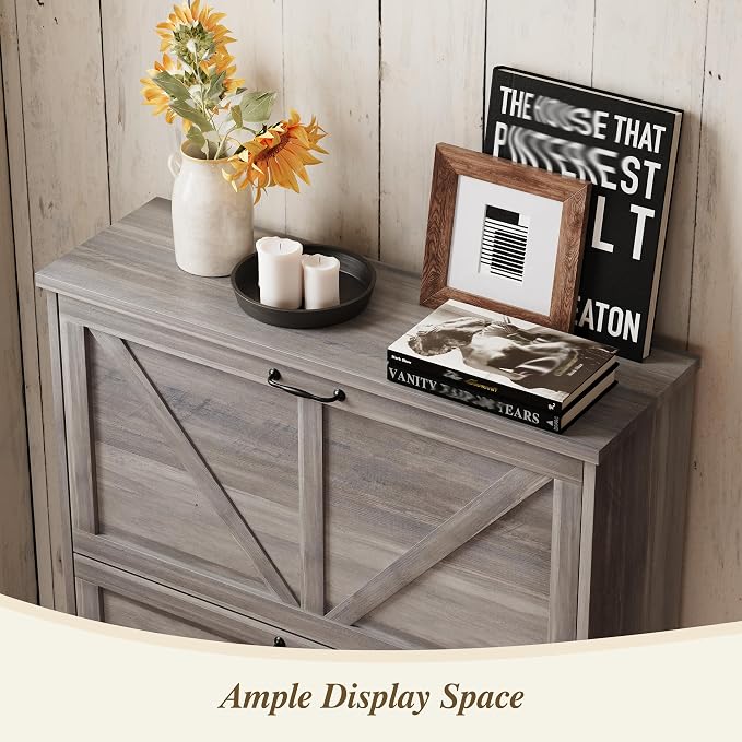 Semiocthome Farmhouse Shoe Storage Cabinet with 2 Flip Drawers, 31.5"(W) Freestanding Shoe Organizer with Barn Door and Metal Handles for Entryway, Rustic Narrow Slim Shoe Rack Cabinet - Washed Gray
