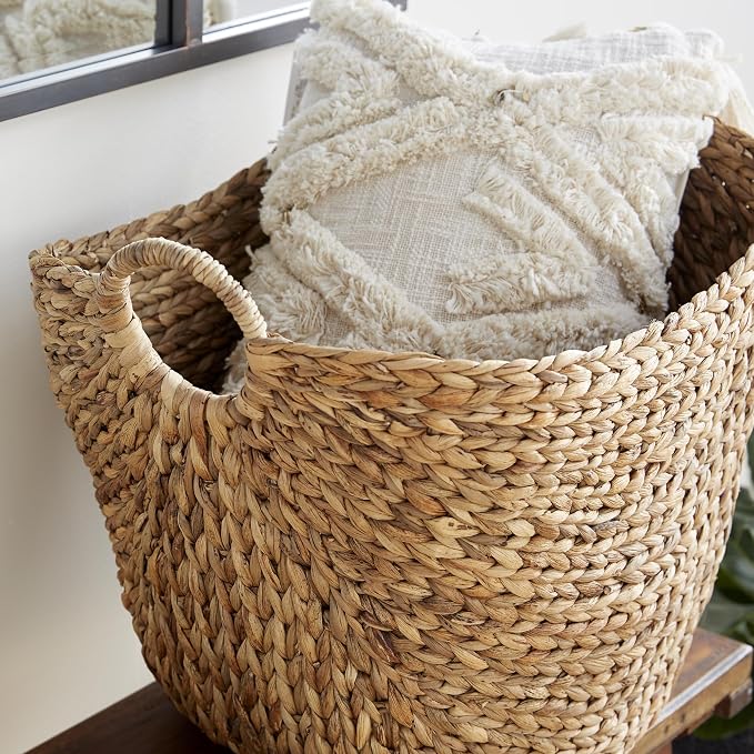 Deco 79 Seagrass Storage Basket, Large Woven Basket, 20" x 18" x 19", Brown | Handmade decorative and functional basket for storage with ring handles, baskets for organizing, room decor