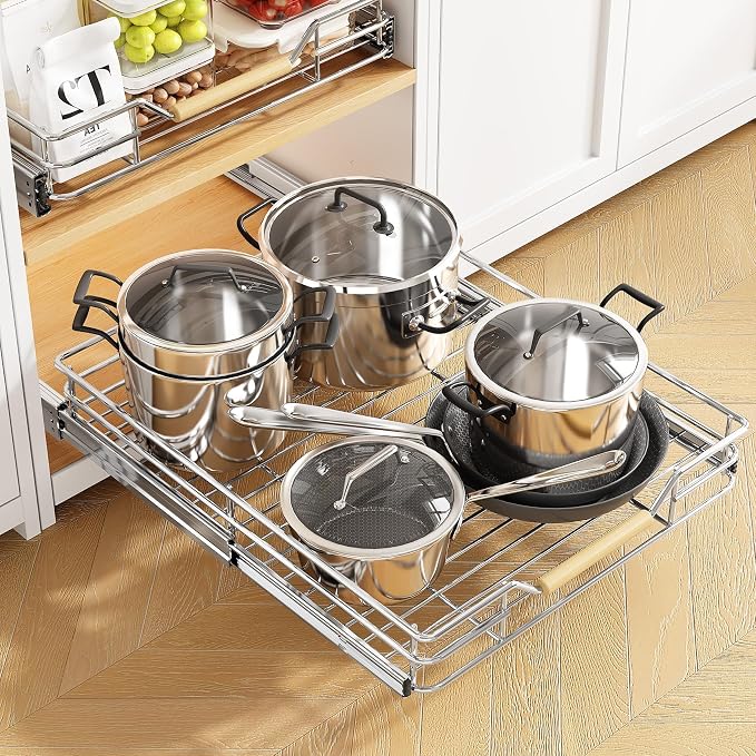 Pull out Cabinet Organizer, 12"W X 21"D, Heavy Duty Smooth Sliding Under Cabinet Shelves for Pots and Pans, Full-Extension Roll out Drawers, Slide out Organization for Home Kitchen Pantry