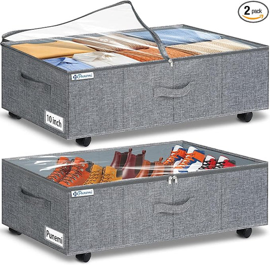 punemi 10 inch Tall Under Bed Storage Bins with Wheels, 2-Pack, Gray | Clear Lids, 5-Wheel Rolling Organizers for Clothes, Shoes and Blankets, Underbed, Closet & Dorm Organizataion