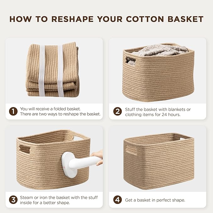 4 Pack Storage Baskets for Organizing, Shelf Baskets with Handles, White&Light Brown