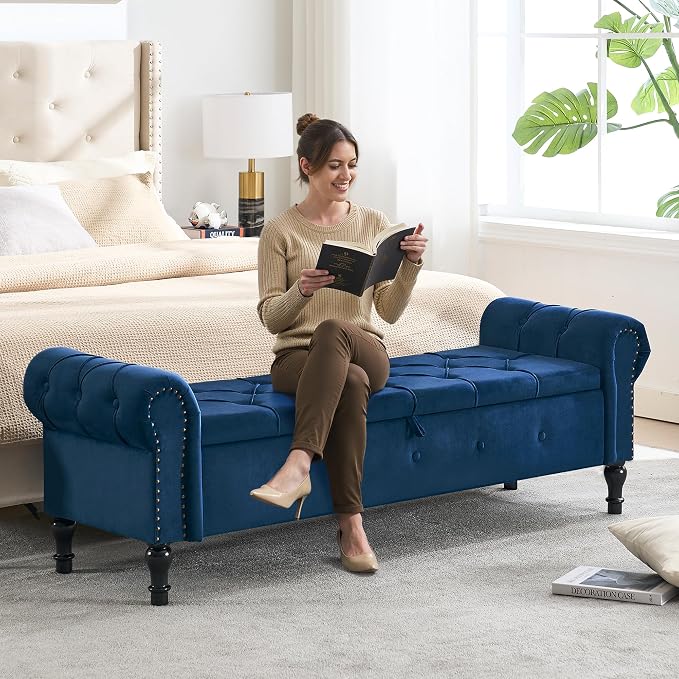 Storage Bench 67" Velvet End of Bed Benches Navy Blue | King Size Storage Bench for Bedroom with Rolled Arms Tufted Ottoman Benches Upholstered Bench for Living Room Entryway