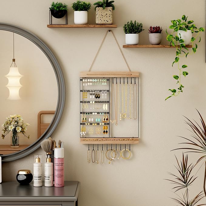 Feyejade Hanging Jewelry Organizer, 5-Tier Wall Earring Holder with Wooden Ring Groove, Jewelry Rack Wall Mounted for Earrings, Necklaces, Bracelets and Rings, Jewelry Holder Stand, Black