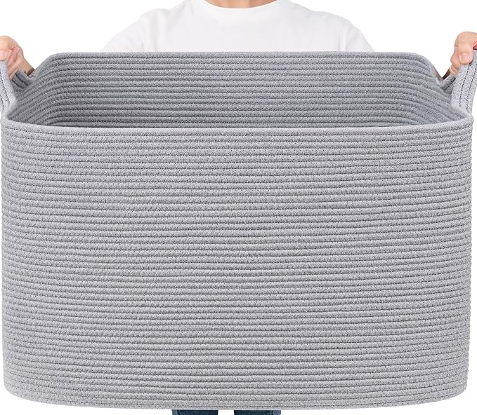 Goodpick 105L Extra Large Woven Blanket Basket, Cotton Rope Storage, Gray | 25 x 16 x 16 in, Rectangle, Blankets, Toys, Pillows & Clothes Storage, Living Room, Bedroom & Nursery Organization