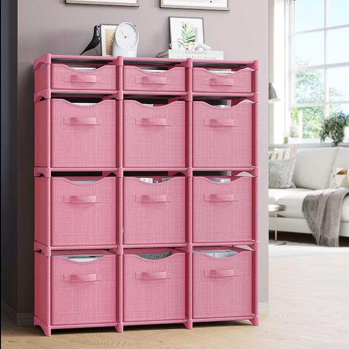 Cube Storage Organizer with Storage Bins Included - The Perfect Closet Organizers and Storage Solution. Includes 12 Storage Cubes, Great For Toy Storage, Closet Storage, Clothes Storage (Pink)