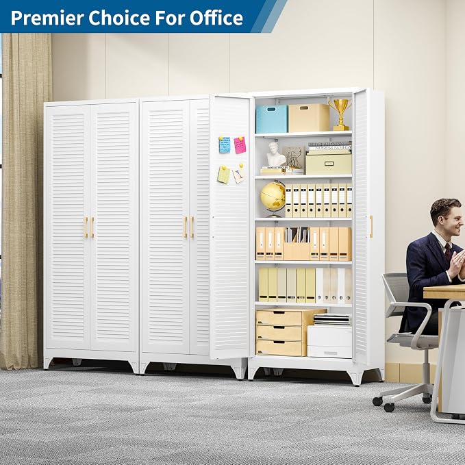 75" Tall White Metal Storage Cabinet with Doors, Heavy Duty | Freestanding Louvered Door Kitchen Pantry Cabinet, 5 Shelves (180 Lbs Load), Tall Steel Cabinets for Home and Office