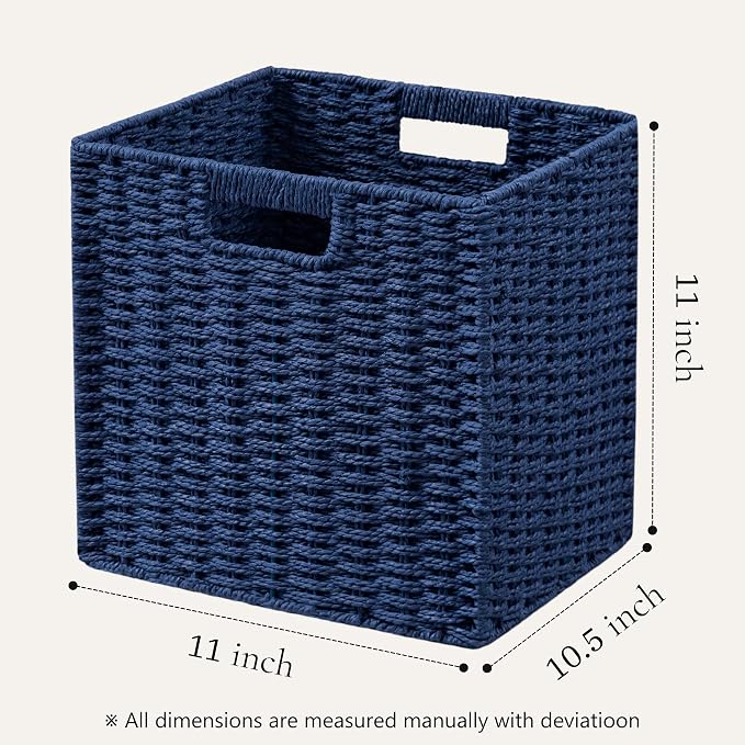 UBBCARE 3 Pack Wicker Basket, 11L×11H×10.5W inch Woven Paper Rope Storage Baskets for Shelves, Foldable Cube Storage bin with Handle, Storage Basket for Organizing & Decor, Navy Blue