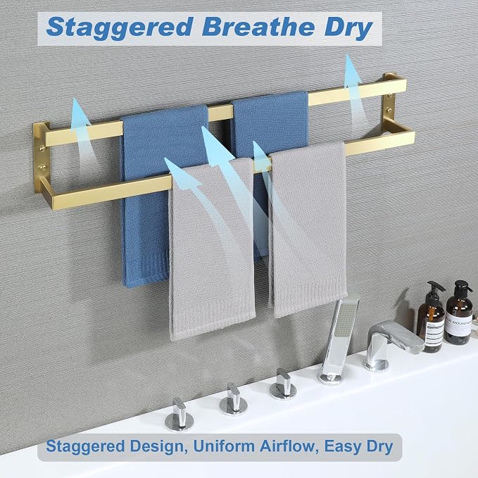 Alise Double Towel Bar, 32" Double Towel Racks for Bathroom, Brushed Gold | Bathroom Towel Rack Wall Mounted, 3.54" Wide Faster Drying, Ladder Design, SUS304 Stainless Steel