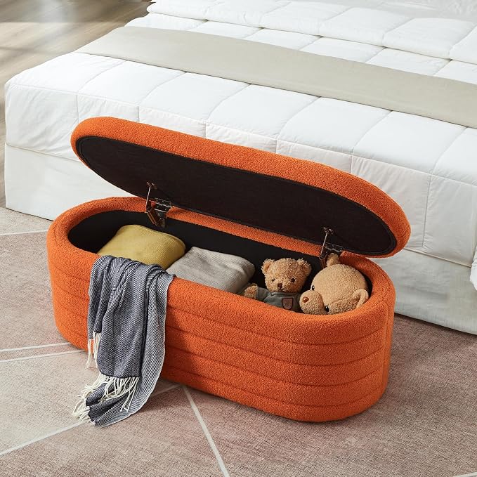 Ball & Cast Storage Bench, Upholstered Oval Ottoman, End of Bed Stool with Safety Hinge for Bedroom, Living Room, Entryway, Teddy Fabric, Orange