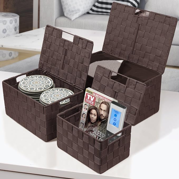 Sorbus Set of 3 Hand-Woven Storage Baskets with Lids – Decorative Wicker Organizers for Home, Closet, or Shelves (Choclate)