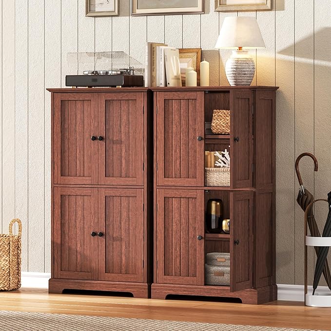 ChooChoo Bathroom Floor Cabinet with Adjustable Shelves | Bathroom Storage Cabinet, 4 Doors, Freestanding Cupboard for Living Room, Kitchen Pantry, Walnut