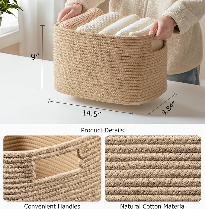 4 Pack Storage Baskets for Organizing, Shelf Baskets with Handles, Brown | 14.5"Lx9.8"Wx9"H, Woven Basket, Cotton Rope Basket, Toy Storage, Cube Shelf, Gift Baskets Empty, Home Decor