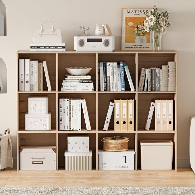 VDNEND Wooden Cube Storage Organizer with Closed Back Panel, 11in Cube Shelf Opening, Bookshelf, Display Shelf,Closet Cabinet for Home and Office (White Oak, 12-Cube 35.98L*9.45W*47.72H)