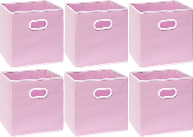 Simple Houseware 11-Inch Foldable Cube Storage Bins with Handles, Pink | 6-Pack Lightweight & Durable Structure Fabric Cubes Organizer for Closet or Shelves