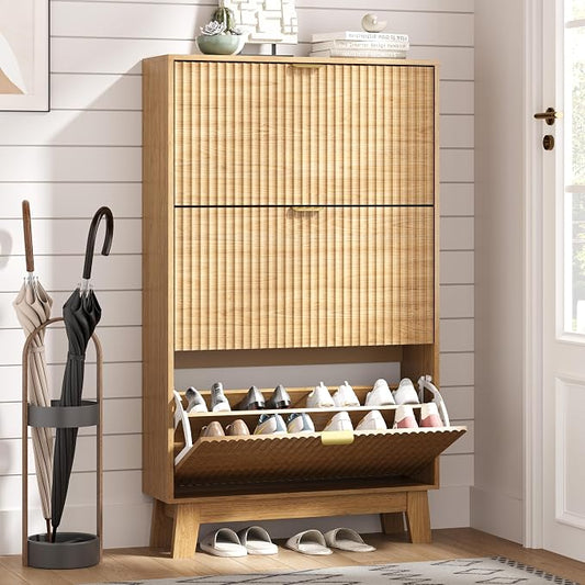HUANLEGO Shoe Cabinet Storage for Entryway with 3 Flip Drawers, Fluted Narrow Shoe Organizer with Wooden Legs, Freestanding Slim Shoe Storage Hidden Shoe Rack Organizer for Front Door Entrance, Oak