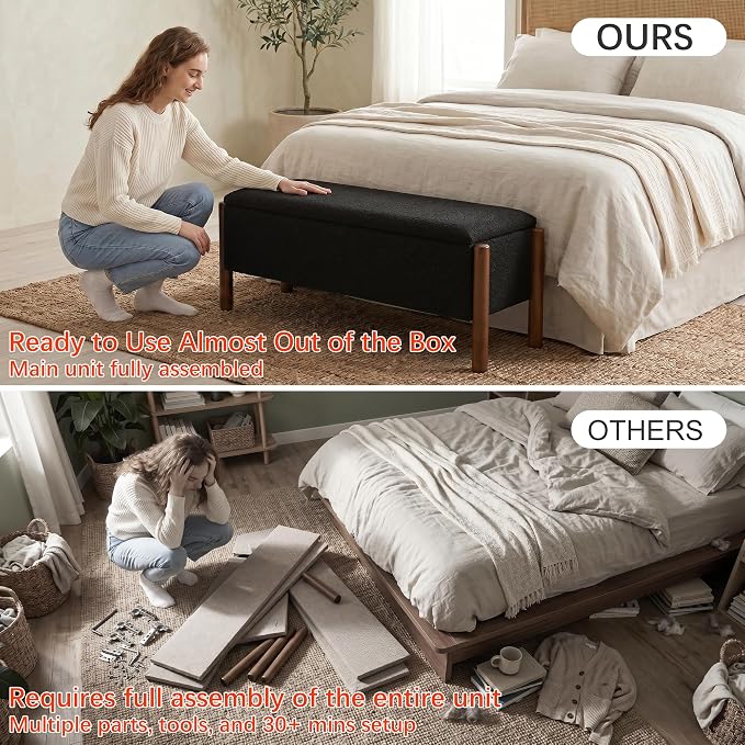 Modern Storage Benches with Walnut Wood Legs, 47'' Ottoman Bench with 20 Gallons Storage Space for Bedroom End of Bed, Fabric Upholstered Entryway Bench with Seating for Livingroom, Black