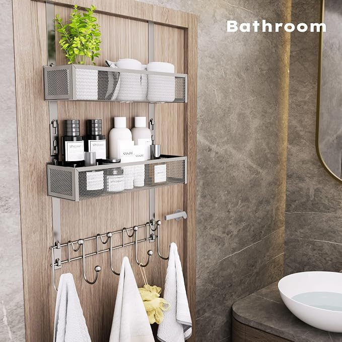 Consumest Over The Door Hooks Organizer - 3 Tier Door Hanger with 9 Coat Hooks & 2 Mesh Basket, Back Storage Organizer Hanging Towels for Bathroom, Bedroom, Sand Nickel