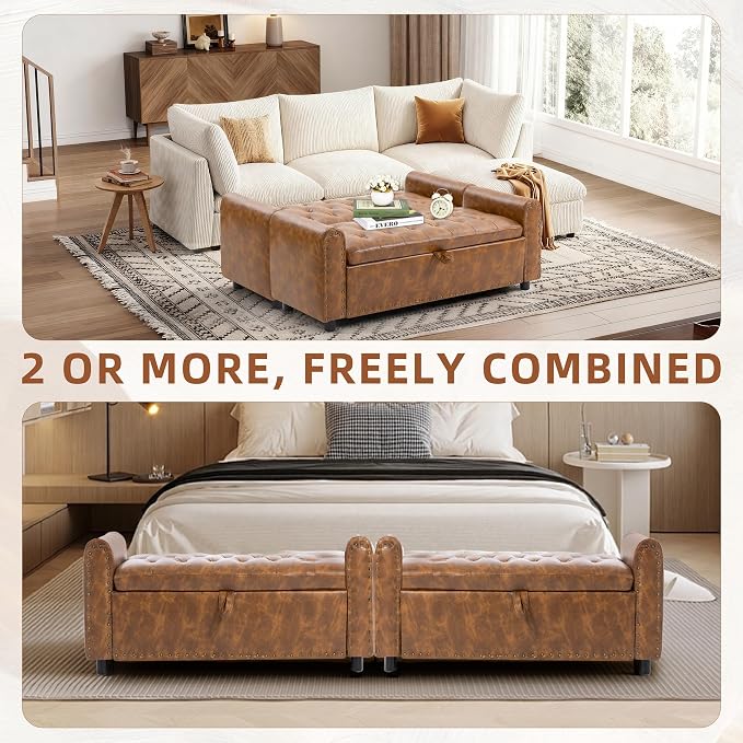 48" Ottoman with Storage, Tufted Storage Ottoman Bench, Convenient Living Room Fabrics Bench Seat, Entryway Shoe Benches with Inner Zipper & Arm, Upholstered Window Seat Ottomans with Rivets, Brown