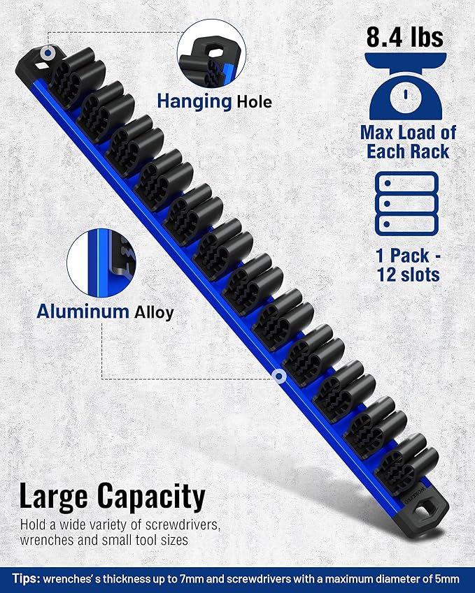 WORKPRO Magnetic Screwdriver and Wrench Organizer Set, 12-Slot Tool Holder | Aluminum Rail, Magnetic Force, Flexible High-Tension Tool Clips, For Tool Box Drawer & Wall-Mount Storage