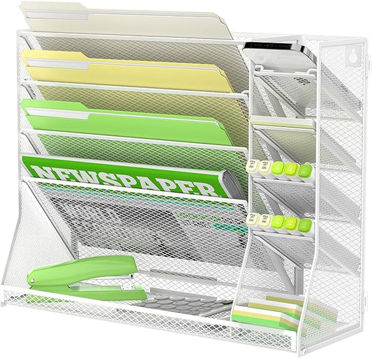 5-Tier Wall File Organizer with 4 Pen Holders and R-Shaped Tray,White | 5-Tier Wall Organizer and Wall File Organizer with 4 Pen Holders and R-Shaped Base for Wall Mount or Desktop Use