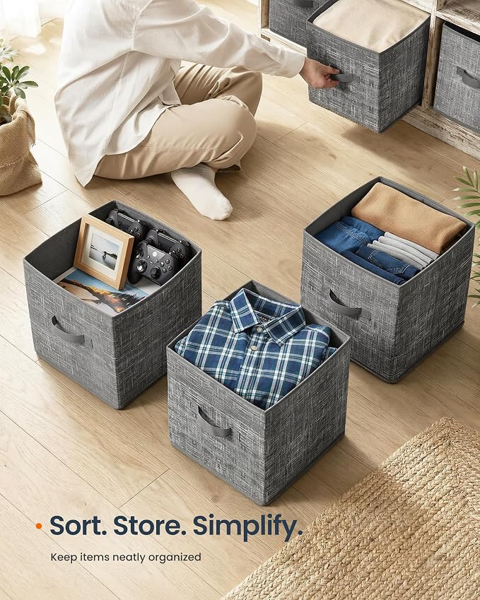 SONGMICS HOME Foldable Storage Cubes Set of 8, Fabric Shelf Organizer Bins with Handles, Closet Storage Boxes for Clothes, 13.2 x 13.2 x 13.2 Inches, Gray