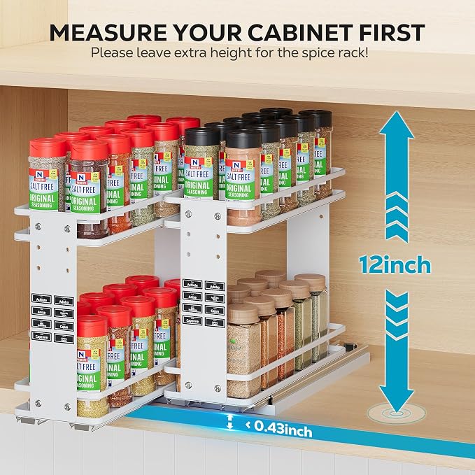 Nieifi Pull Out Spice Rack Organizer, 2 Tiers, White | Spice Organization for Cabinet, Height Adjustable, Easy to Install