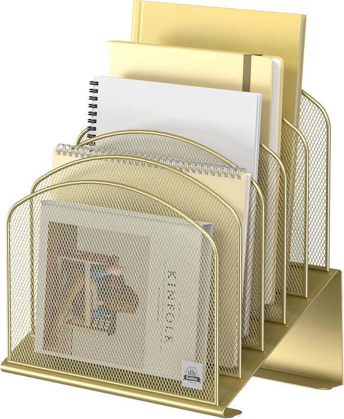 Delifox Inclined Desk File Organizer,Vertical File Folder Holder Stand Metal Rack File Sorter for Office Classroom Desktop Organization (1, Gold, 5)