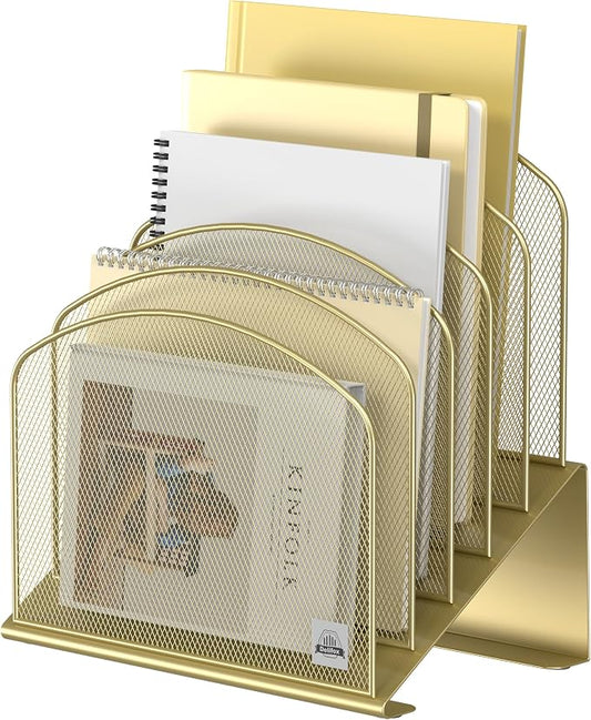 Delifox Inclined Desk File Organizer,Vertical File Folder Holder Stand Metal Rack File Sorter for Office Classroom Desktop Organization (1, Gold, 5)
