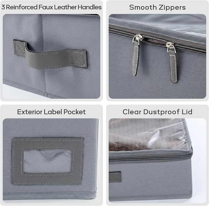 4" Low Profile Under Bed Storage Bins (3-Pack, Grey), Slim 600D Oxford Fabric Clothes Organizer Box with Reinforced Leather Handles, Sturdy Clear Lid