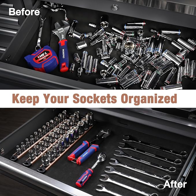 WORKPRO Magnetic Socket Organizer, Heavy Duty 1/2-Inch Drive Socket Rail | 1 Piece Socket Holder with 10 Spots, Aluminum Alloy, Rotatable & Movable Clips, Efficient Organization