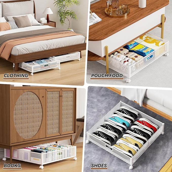 PHINOX Under Bed Storage with Wheels & Handle,Metal,Large,4 Pack,White | Tool-free assembly,glide smoothly,easy reach,foldable,maxmazie low-profile beds,dorm,keep seasonal clothes,shoes,sockes fresh