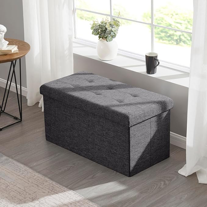 Ornavo Home 30 Inch Folding Storage Ottoman Bench, Tufted Linen, Dark Gray | Upholstered Large Ottoman with Lid; Foot Rest Stool; Ideal for Bedroom, Living Room or Entryway
