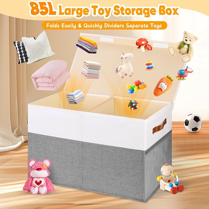 Large Toy Box, Collapsible Toy Storage Chest Bin With Lids, 25"x13"x16" | Sturdy Kids Storage Organizer with 2 Pockets and Dividers, Playroom Bedroom Nursery Organization, White & Gray