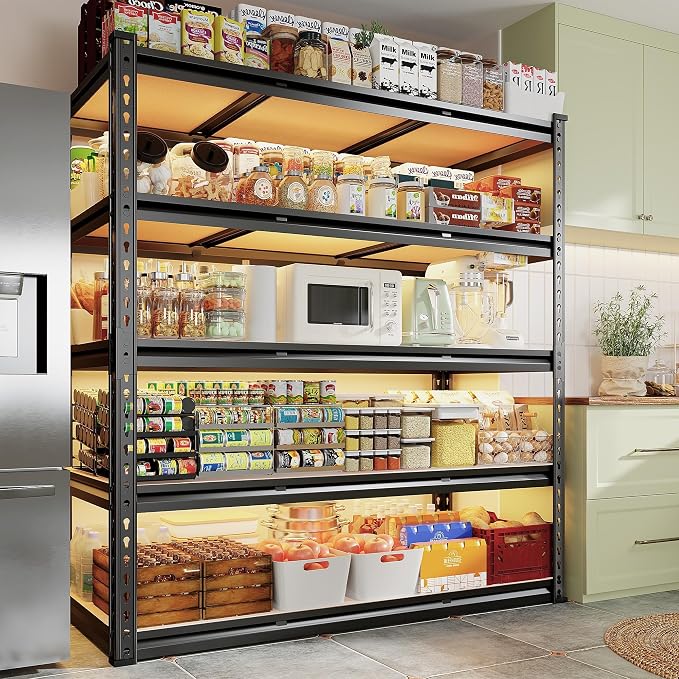REIBII 48" W Garage Shelving 3000LBS Storage Shelves 5 Tier Industrial Shelving Adjustable Metal Storage Shelves for Garage, Basement, Warehouse, Commercial, Easy Assemble, 48" W x 72" H x 18" D, 2PC