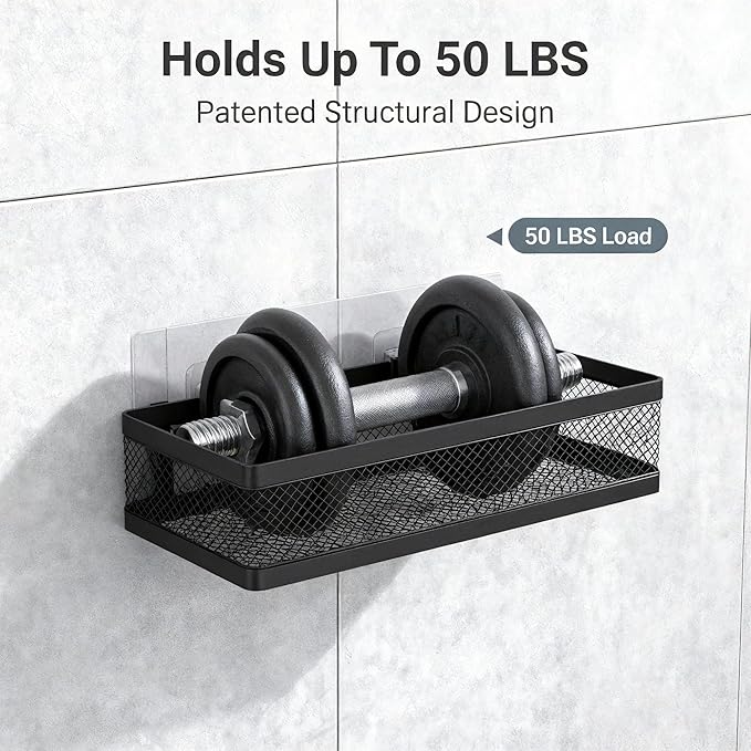 PUSDON Mesh Shower Caddy Wall Mount, Heavy Duty Adhesive Bathroom Shelf Organizer, Rustproof Floating Spice Rack for Kitchen Pantry, Holds 50 LBS, Multi-Purpose Storage Black-2 Packs (Netting)