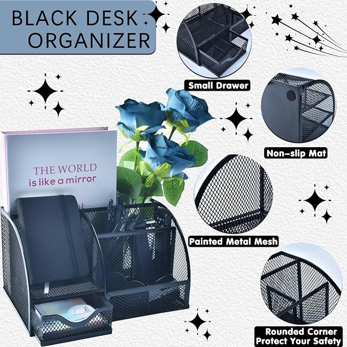 Black Desk Accessories, 24Pcs Office Supplies and Desk Organizers, with Tape Dispenser, Stapler, Staple Remover, Ect, Gift Box Packaging