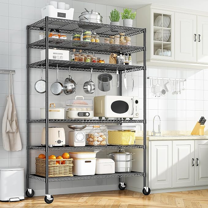 Romorgniz Heavy Duty 6-Tier Rolling Storage Shelves with Wheels for Garage | 1200lbs wire shelving, Rolling casters with locking wheels, Adjustable shelves, Rust-proof, For pantry, kitchen, basement