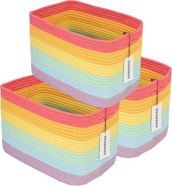 XUANGUO Woven Cotton Rope Storage Baskets 15x10x9.3" 3 Pack Rainbow | Colorful storage baskets for shelves and playrooms; toy storage bins organize kids' toys, books, clothes and nursery items.