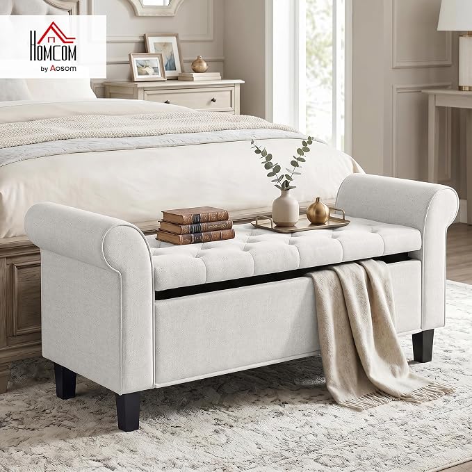 HOMCOM 47" Storage Ottoman End of Bed Bench with Rolled Arms Cream White | Long Ottoman with Storage Chest, Safety Hinge, Wooden Legs, Upholstered End of Bed Bench, Bedroom Entryway Living Room