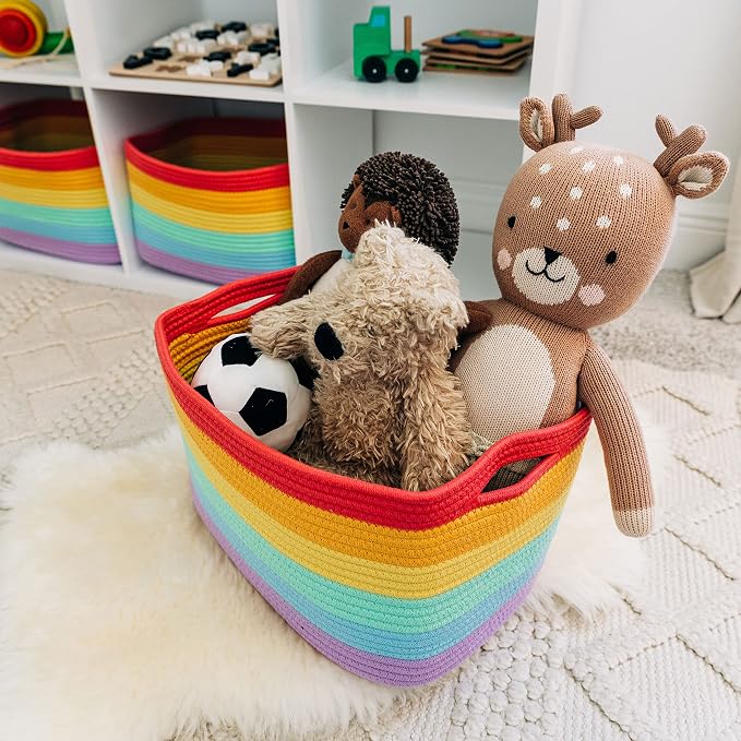 OrganiHaus Rainbow Baskets for Shelves, Set of 3, 15x9x10 | Colorful, handwoven cotton rope; a toy bin for playroom, classroom, or girls' room decor; great for nursery too
